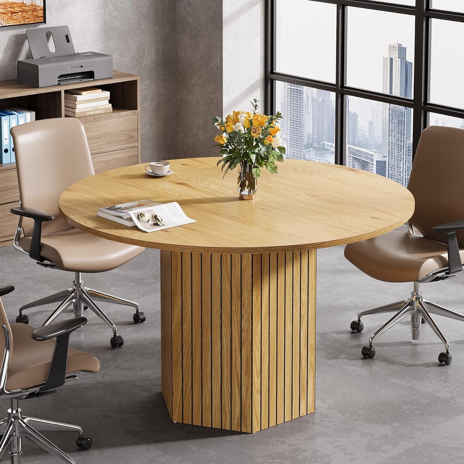 Round Conference Table, 47" Modern Meeting Table for 4-6 People
