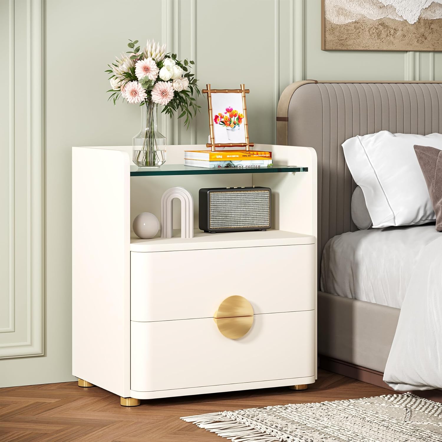 2-Drawer Nightstand, Modern Bedside Table with Open Storage