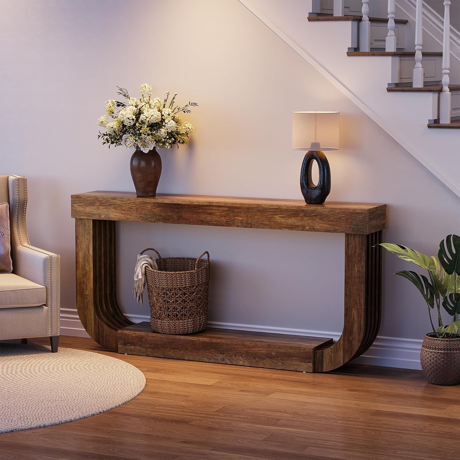 70.9" Console Table, 2-Tier Sofa Table with Heavy Duty U-Shaped Pedestal