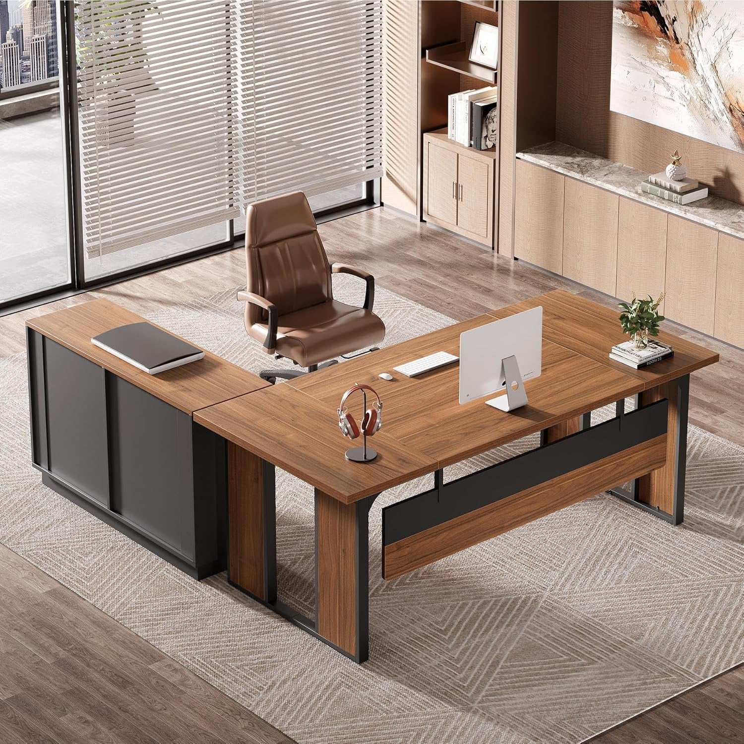 L-Shaped Executive Desk, 63" Computer Desk Workstation with File Cabinet