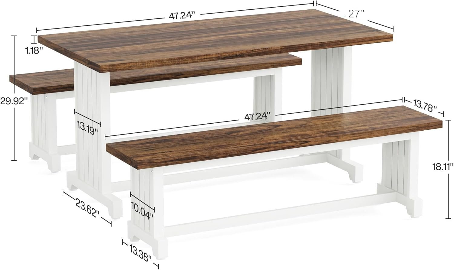 Farmhouse Dining Table Set, 47" Kitchen Table with 2 Benches