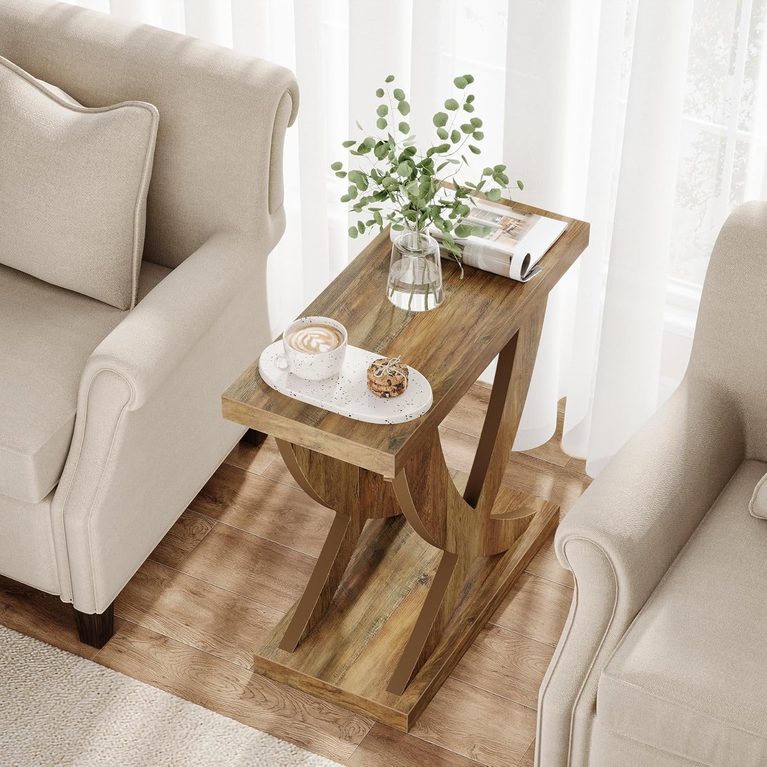 Wooden End Table, Farmhouse Side Table Nightstand with Cross Fishtail Support