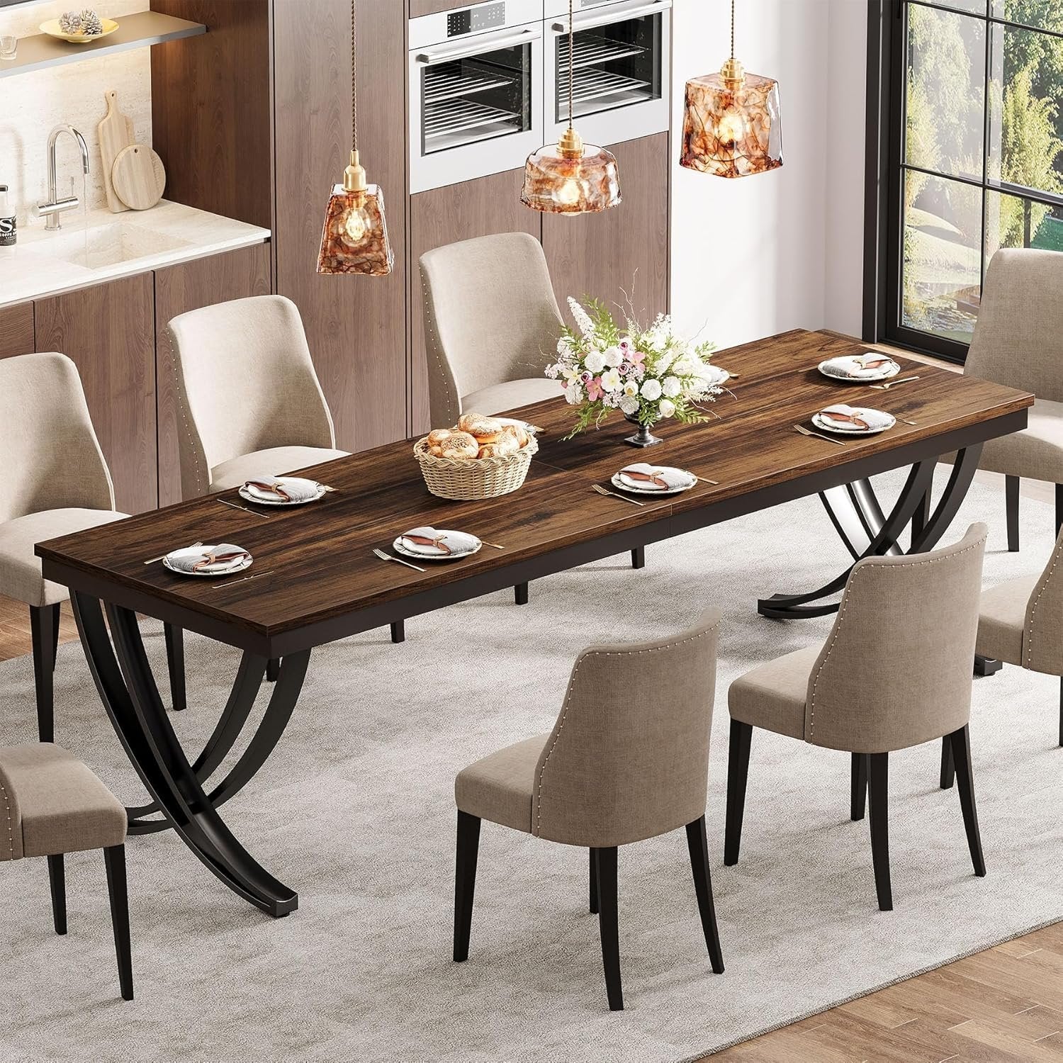 Rectangular Dining Table for 6-8, 78" Farmhouse Dinner Table with Metal Legs