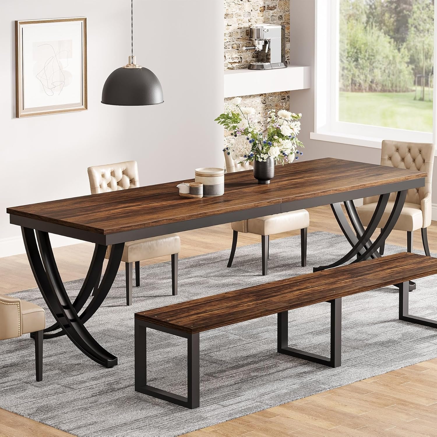 Rectangular Dining Table for 6-8, 78" Farmhouse Dinner Table with Metal Legs