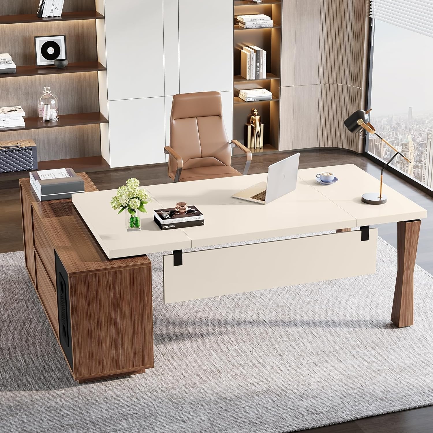 Large L-Shaped Desk, 71-Inch Executive Desk Computer Table with Cabinet