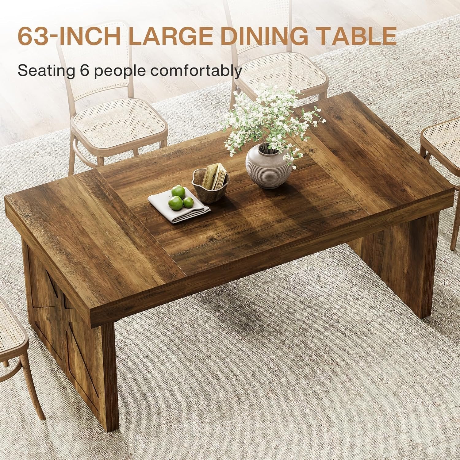 Rectangular Dining Table, 63" Kitchen Table with Sturdy Pedestal