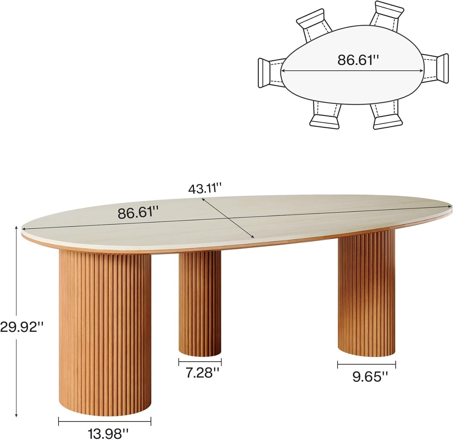 86" Dining Table, Oval -Shaped Stone Kitchen Dinner Table for 6 People