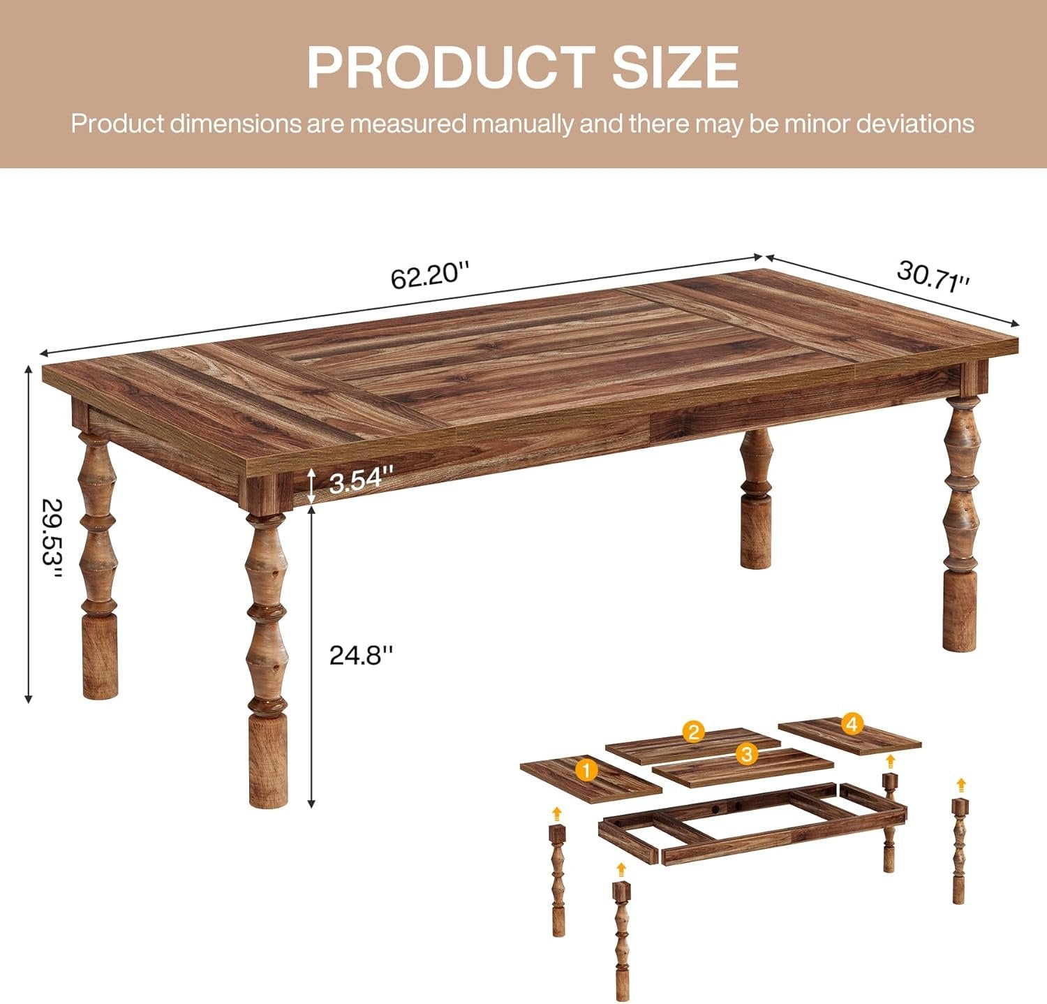 62.2" Executive Office Desk, Farmhouse Computer Desk with Carved Turned Legs