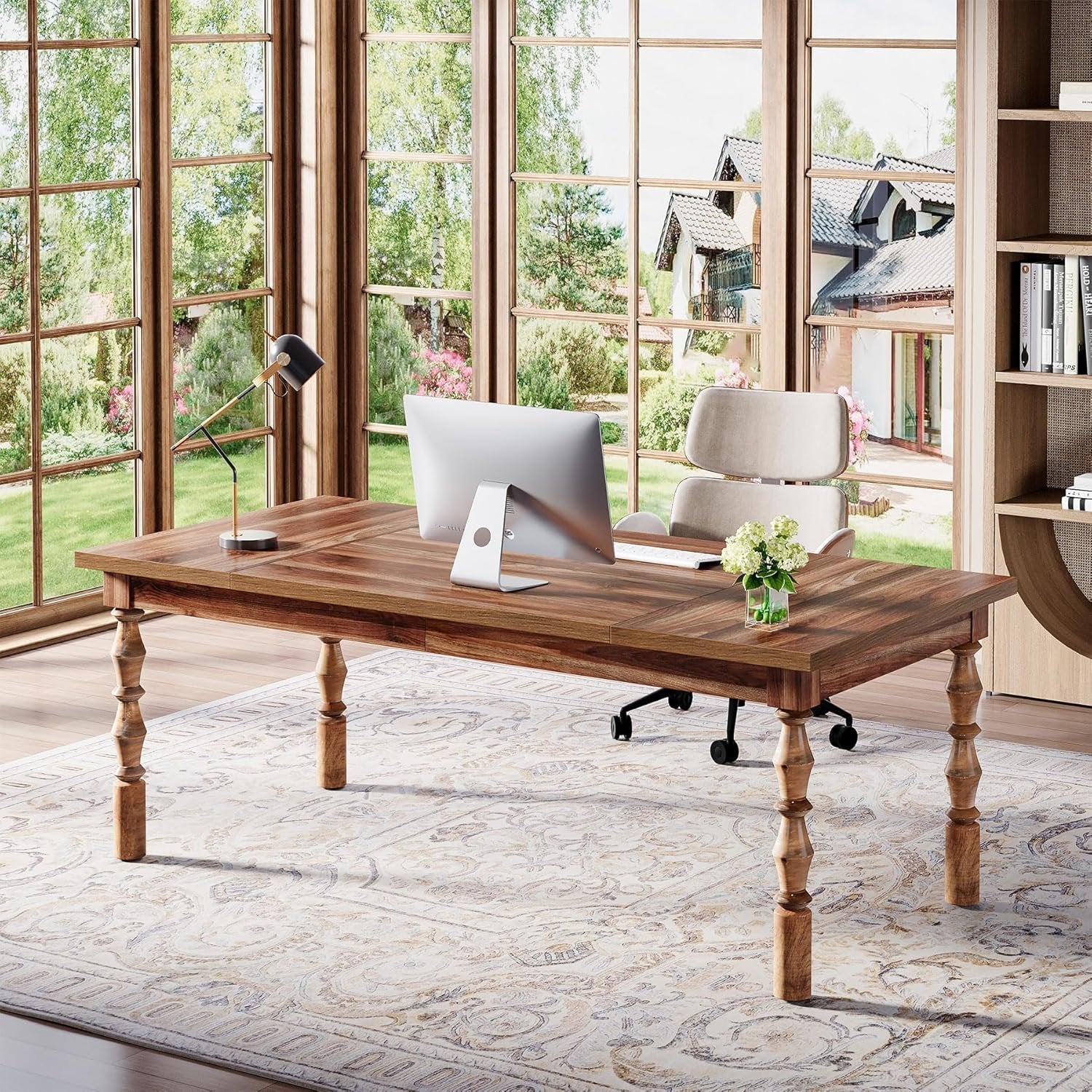 62.2" Executive Office Desk, Farmhouse Computer Desk with Carved Turned Legs