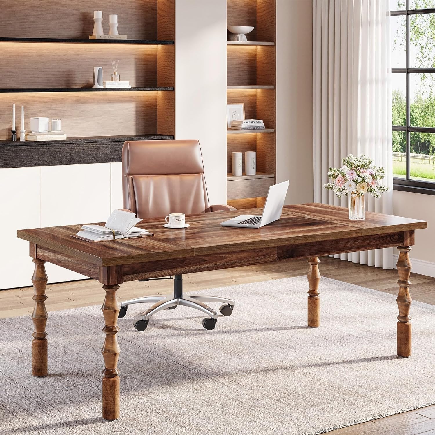 62.2" Executive Office Desk, Farmhouse Computer Desk with Carved Turned Legs