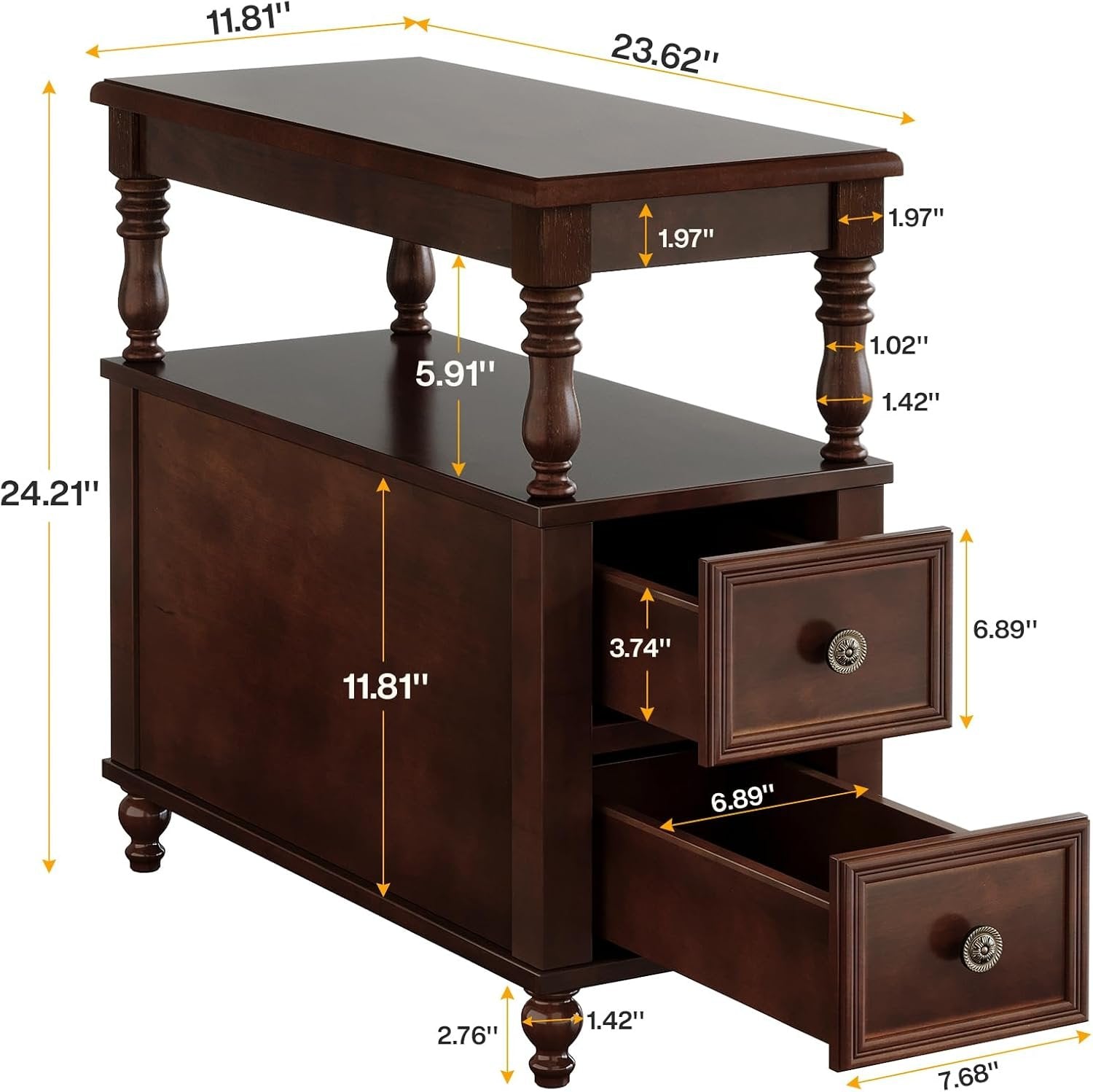 Solid Wood Nightstand with 2 Drawers, Bedside Table with Open Shelf