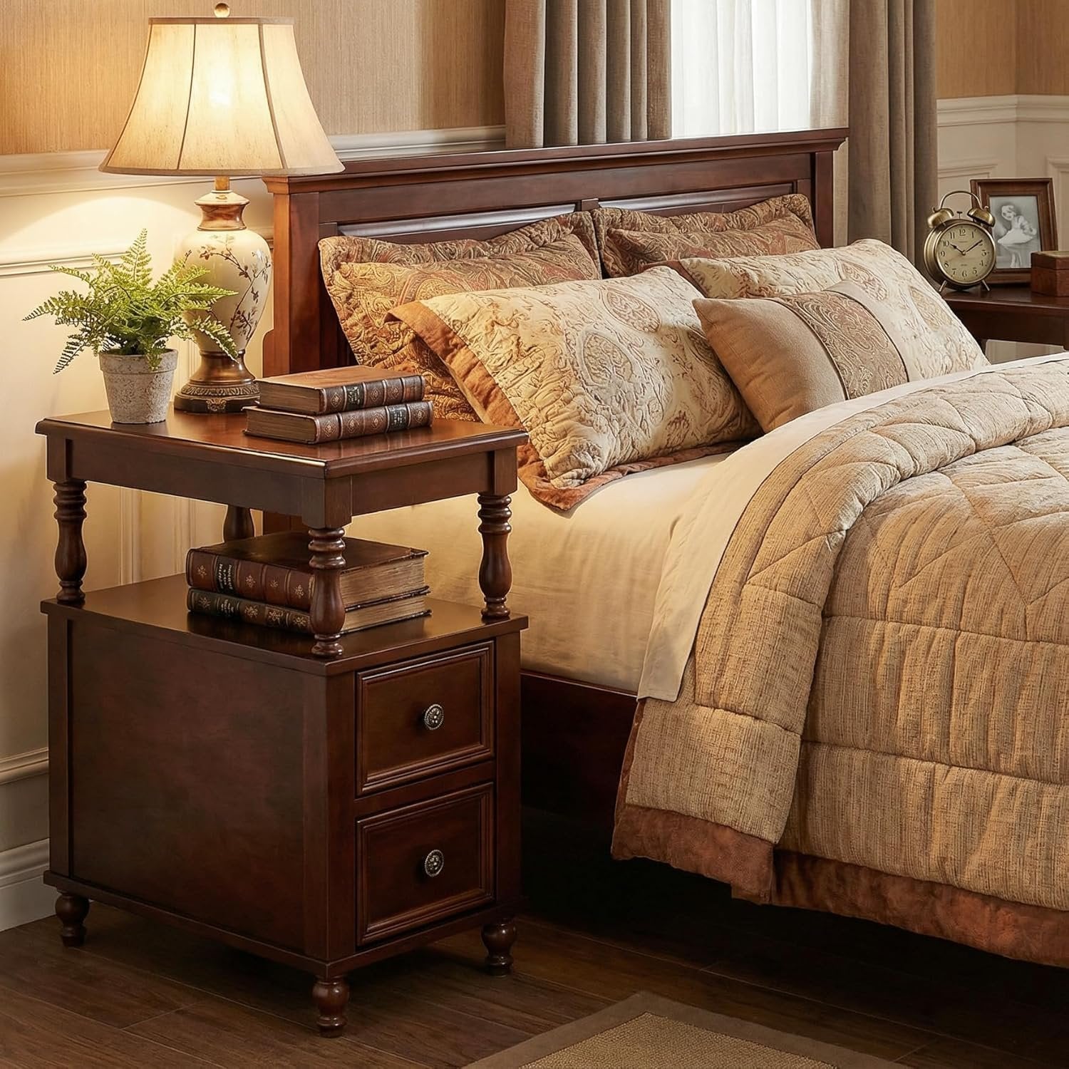 Solid Wood Nightstand with 2 Drawers, Bedside Table with Open Shelf