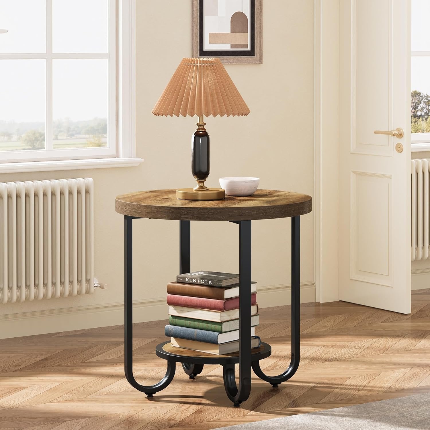 2-Tier End Table, Round Side Table Nightstand with Curved Metal Legs