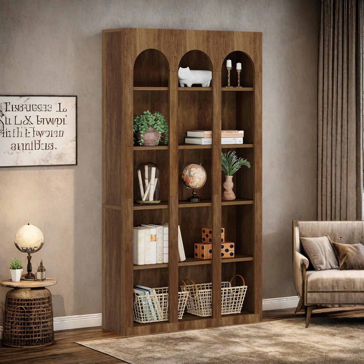 70.8" Wood Bookshelf, 5 - Tier Rustic Bookcase Display Storage Shelving Unit Tribesigns