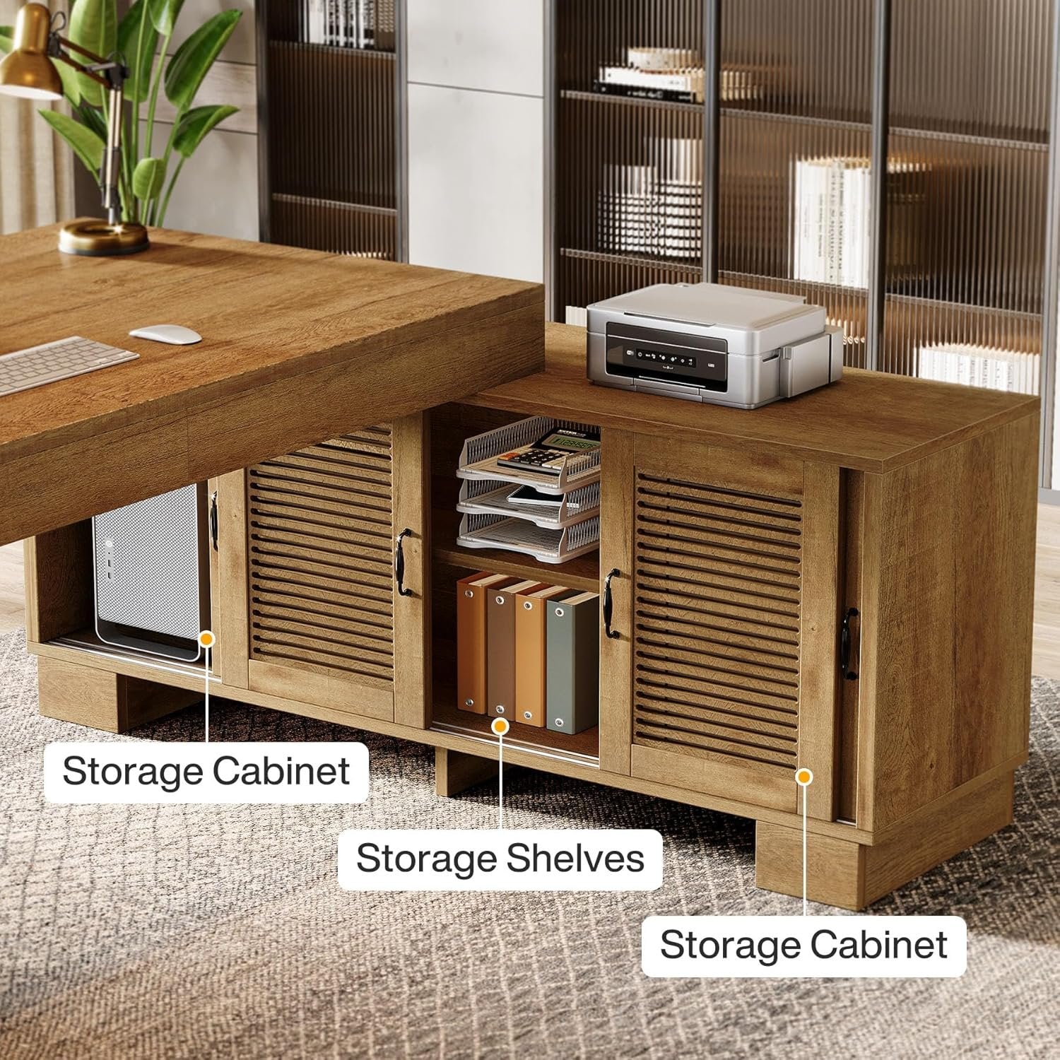 63" Computer Desk, L-shaped Executive Desk with Storage Cabinets