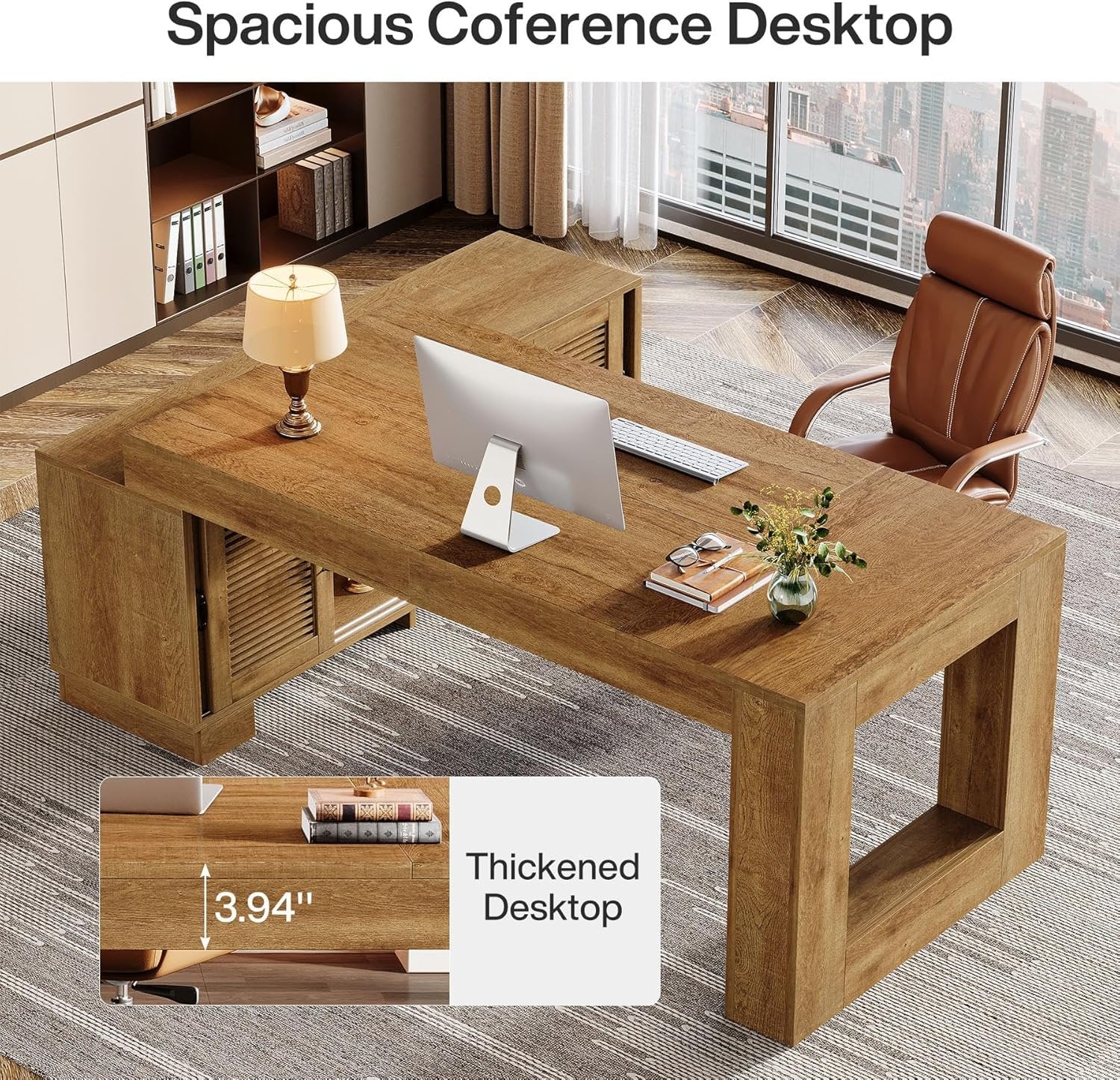 63" Computer Desk, L-shaped Executive Desk with Storage Cabinets