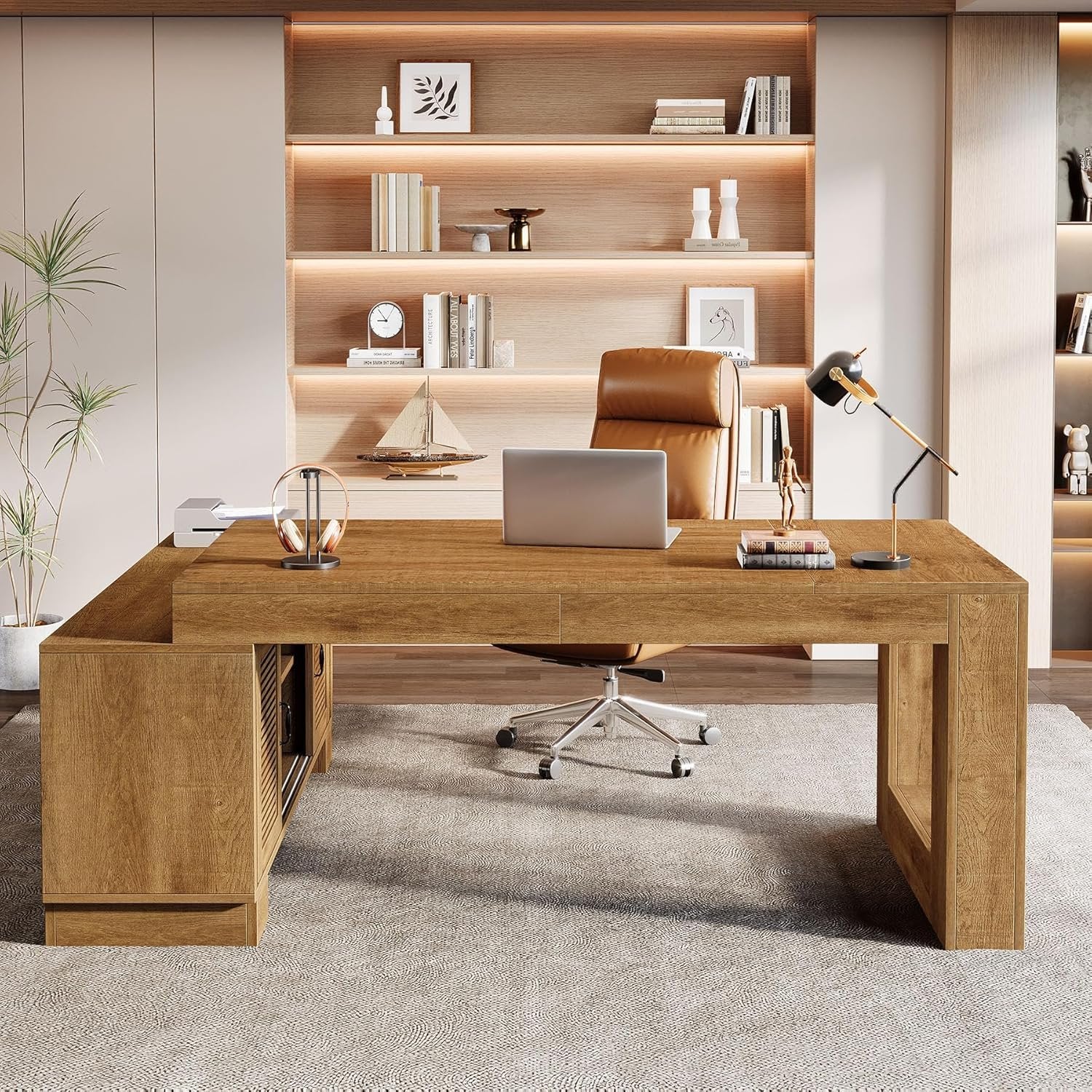 63" Computer Desk, L-shaped Executive Desk with Storage Cabinets