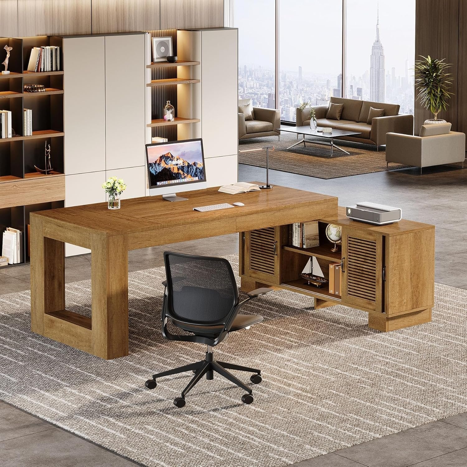 63" Computer Desk, L-shaped Executive Desk with Storage Cabinets