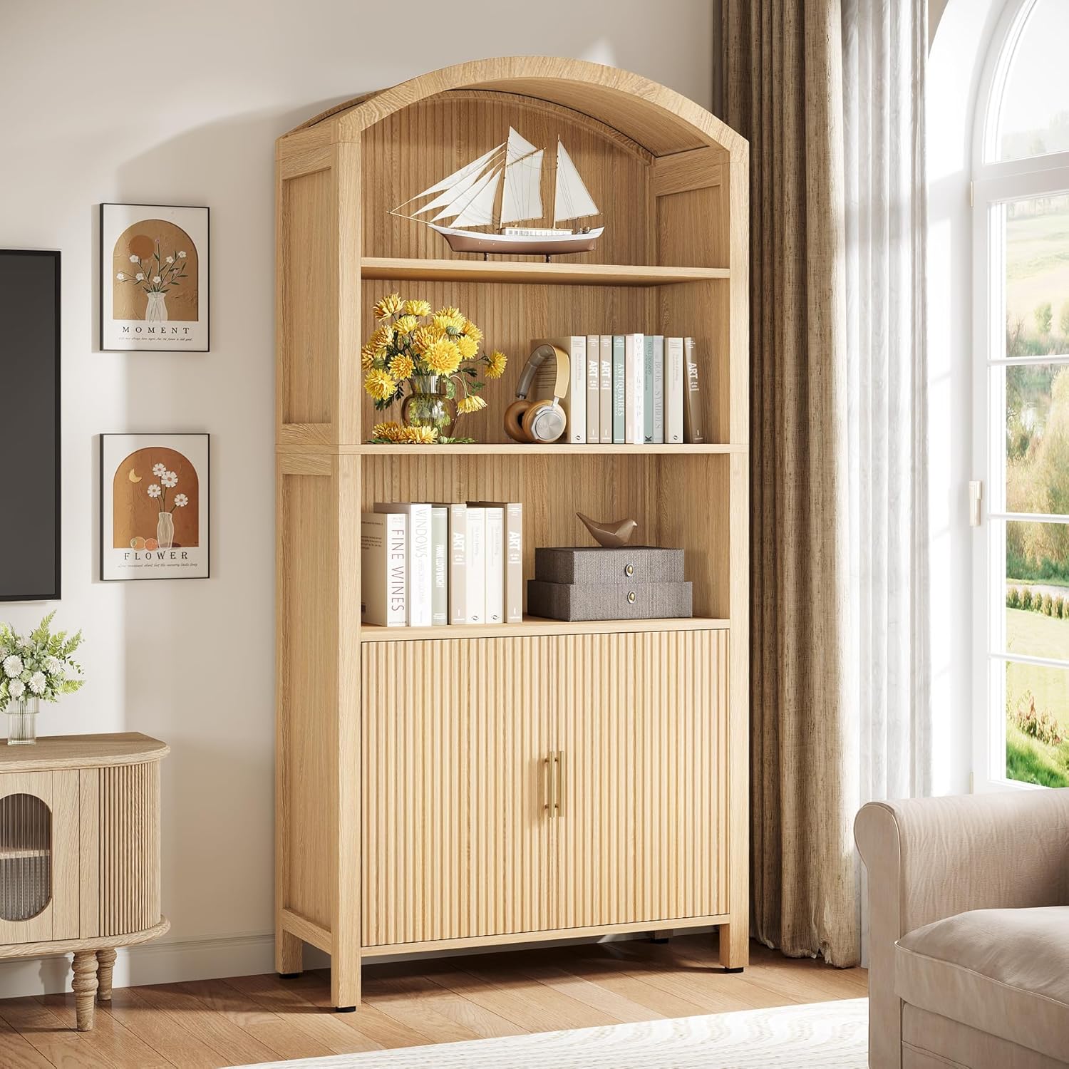 71" Arched Bookshelf, Fluted Modern 5-Tier Bookcase Cabinet with Doors