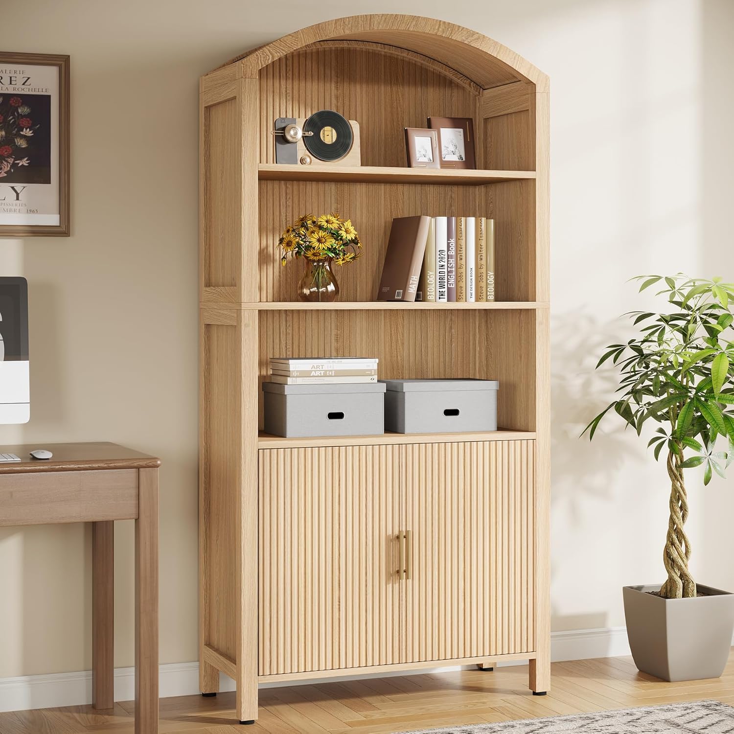 71" Arched Bookshelf, Fluted Modern 5-Tier Bookcase Cabinet with Doors