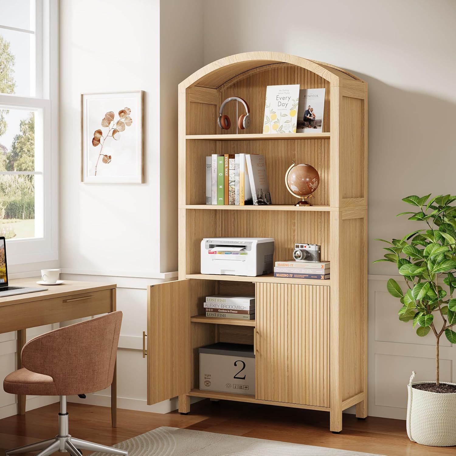 71" Arched Bookshelf, Fluted Modern 5-Tier Bookcase Cabinet with Doors