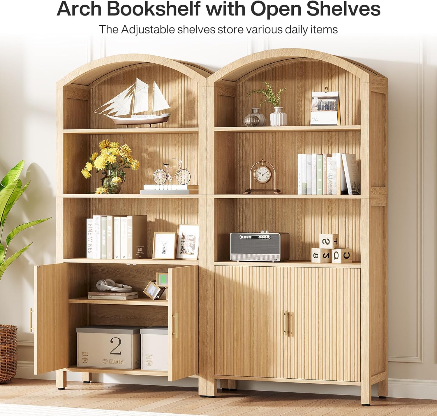 71" Arched Bookshelf, Fluted Modern 5-Tier Bookcase Cabinet with Doors