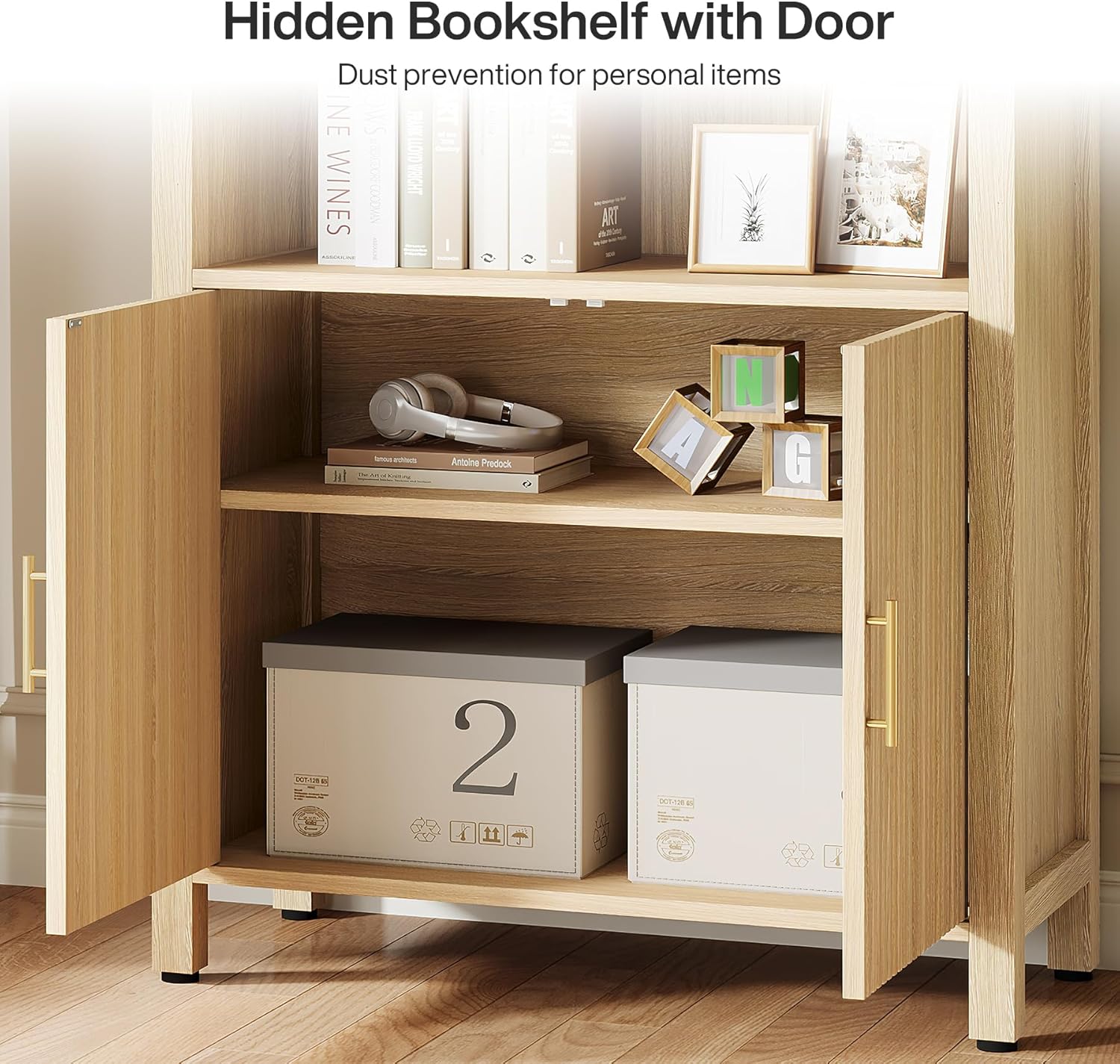 71" Arched Bookshelf, Fluted Modern 5-Tier Bookcase Cabinet with Doors