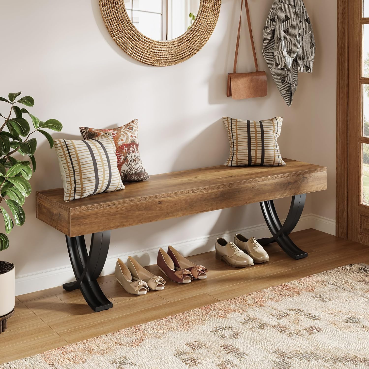 55" Entryway Shoe Bench, Industrial End of Bed Stool with Metal X-Shaped Legs