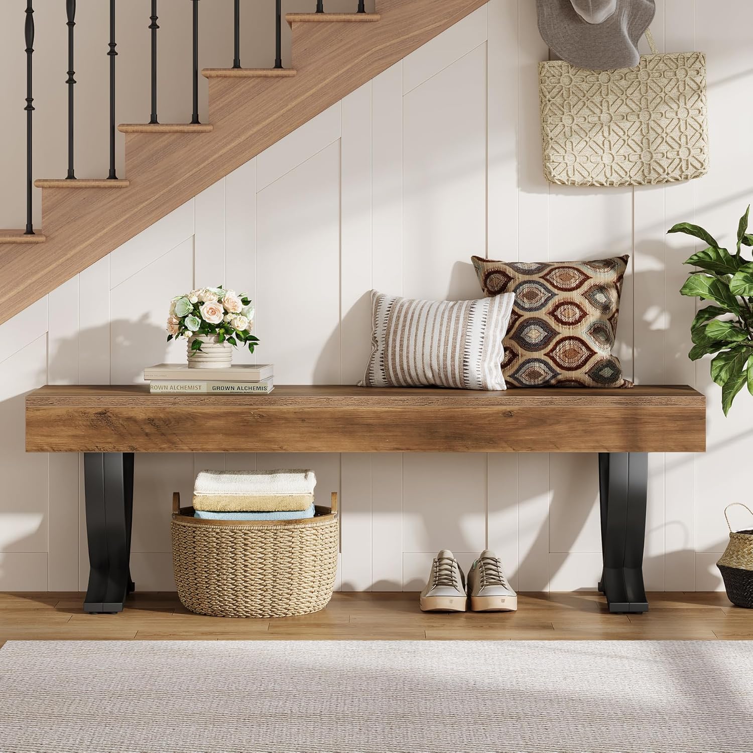 55" Entryway Shoe Bench, Industrial End of Bed Stool with Metal X-Shaped Legs