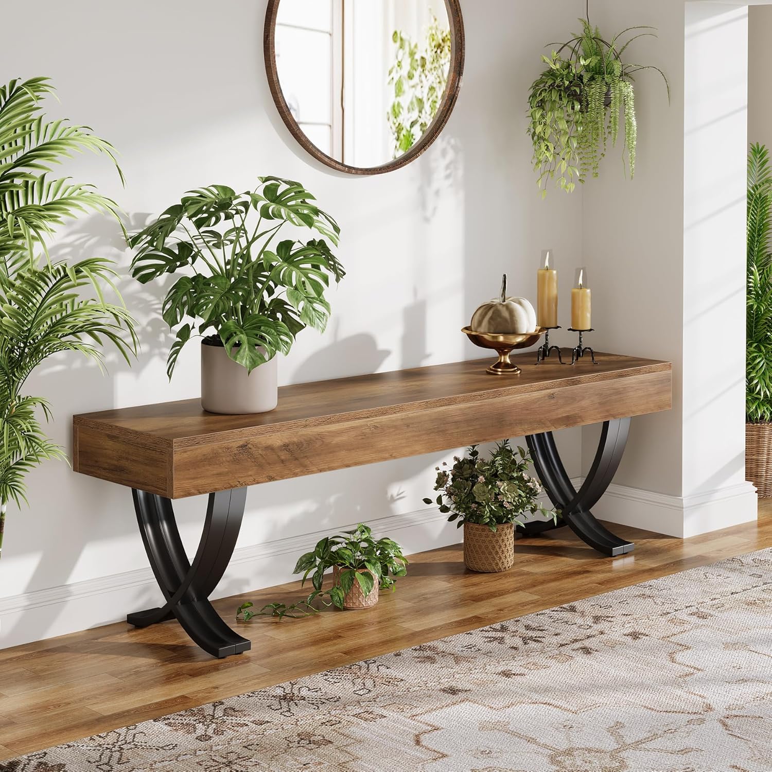 55" Entryway Shoe Bench, Industrial End of Bed Stool with Metal X-Shaped Legs