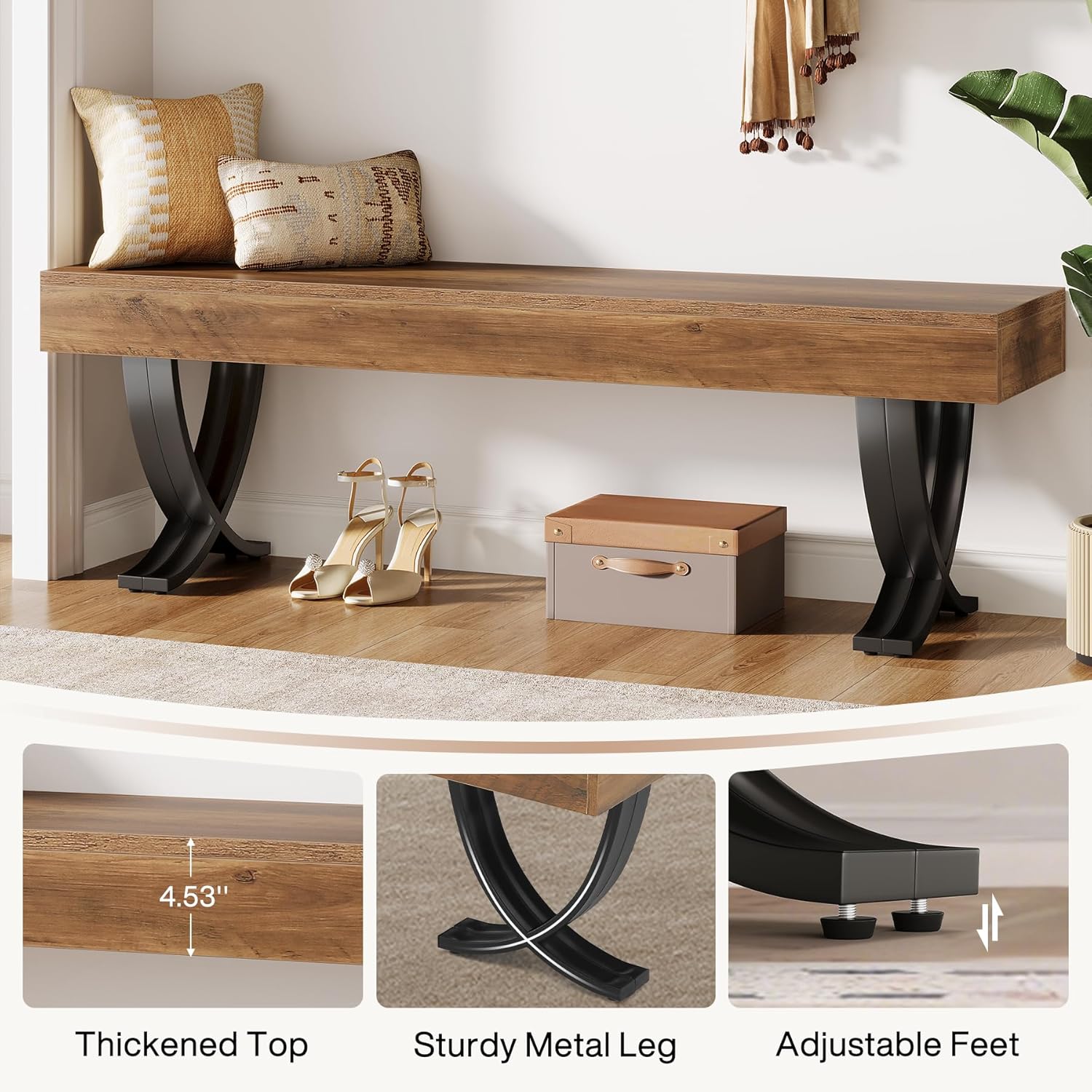 55" Entryway Shoe Bench, Industrial End of Bed Stool with Metal X-Shaped Legs