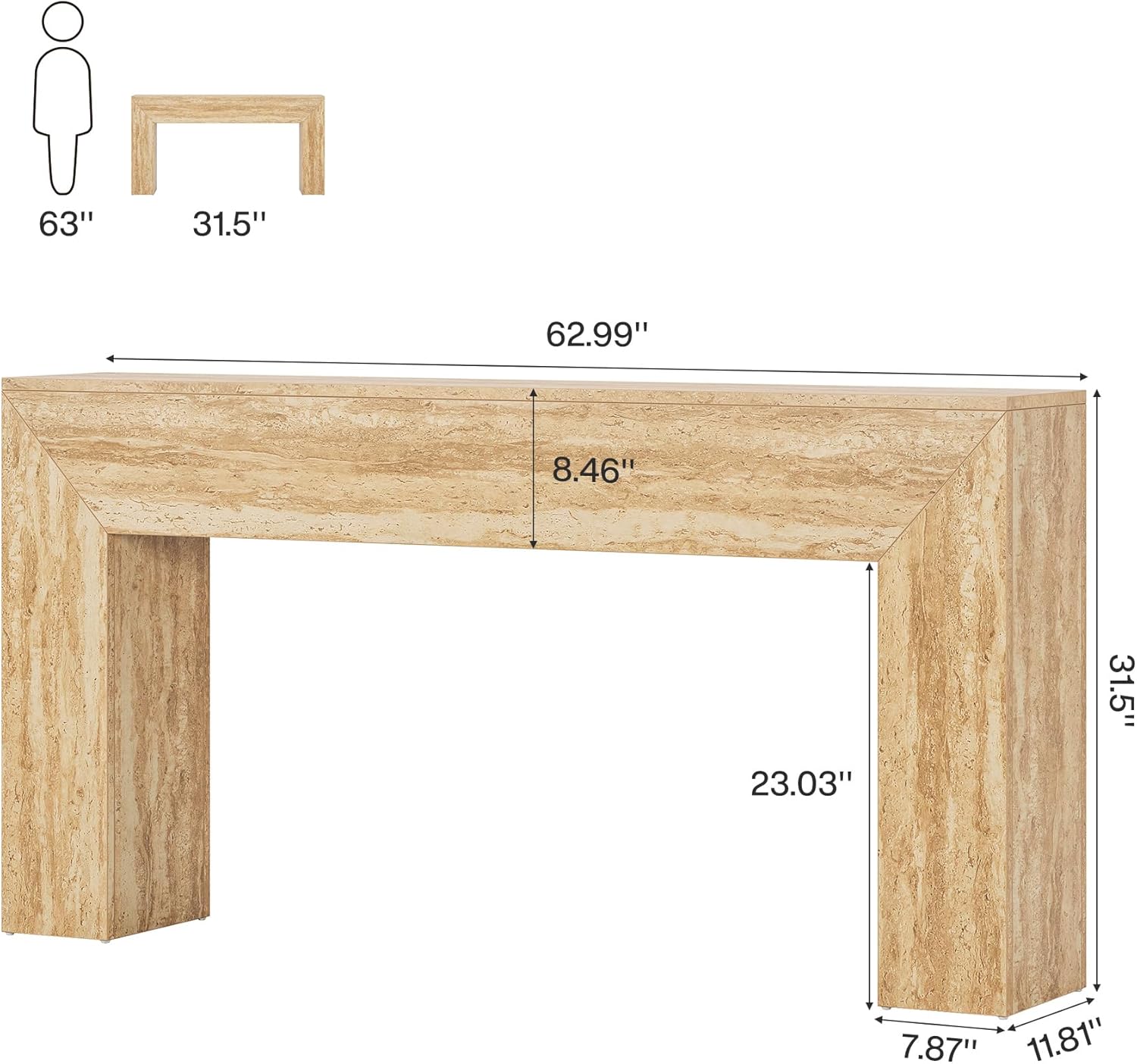 63" Console Table, Modern Entryway Table with Faux Travertine Finish