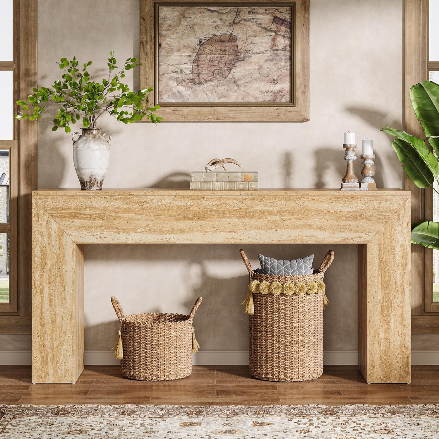 63" Console Table, Modern Entryway Table with Faux Travertine Finish