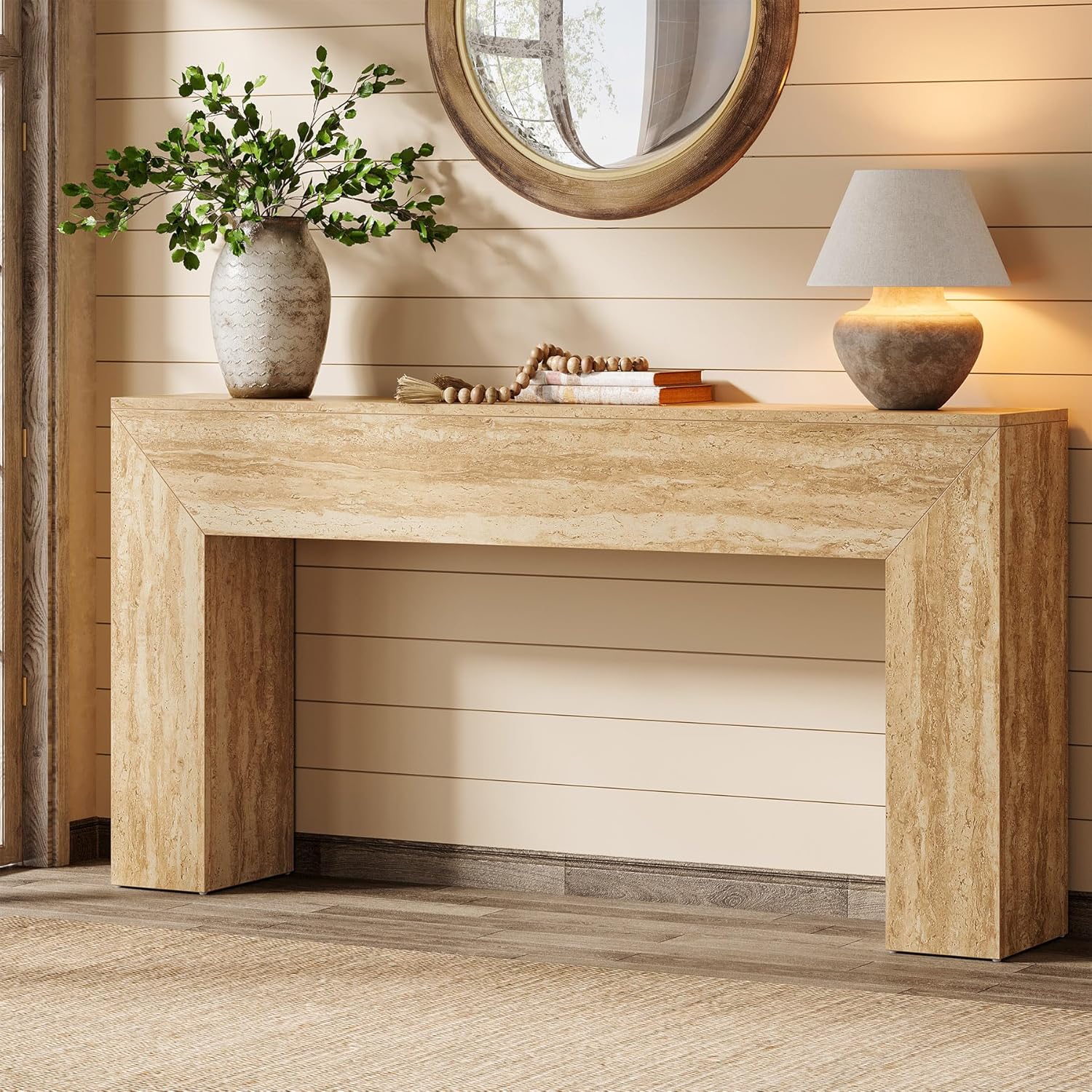 63" Console Table, Modern Entryway Table with Faux Travertine Finish