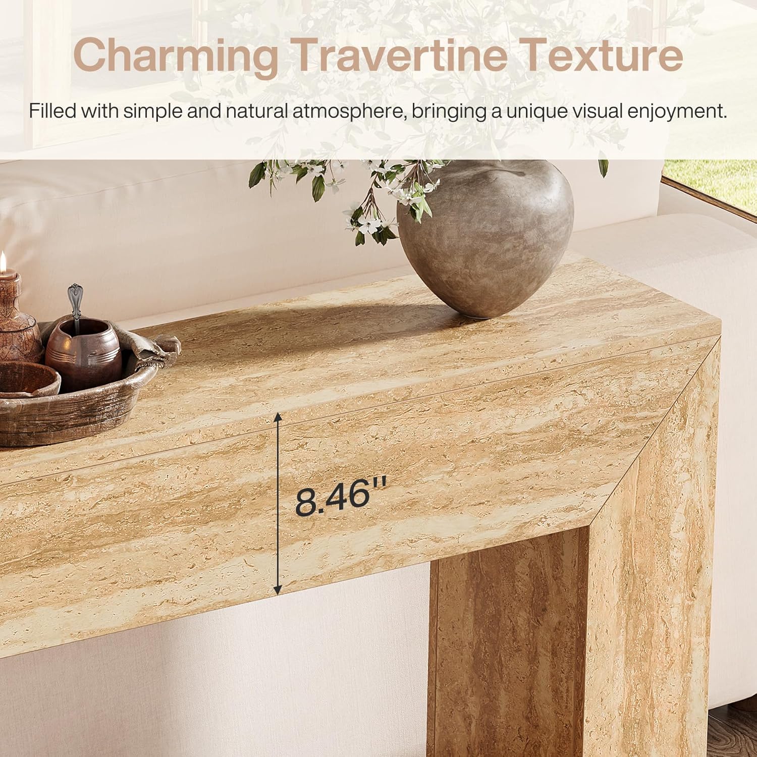 63" Console Table, Modern Entryway Table with Faux Travertine Finish