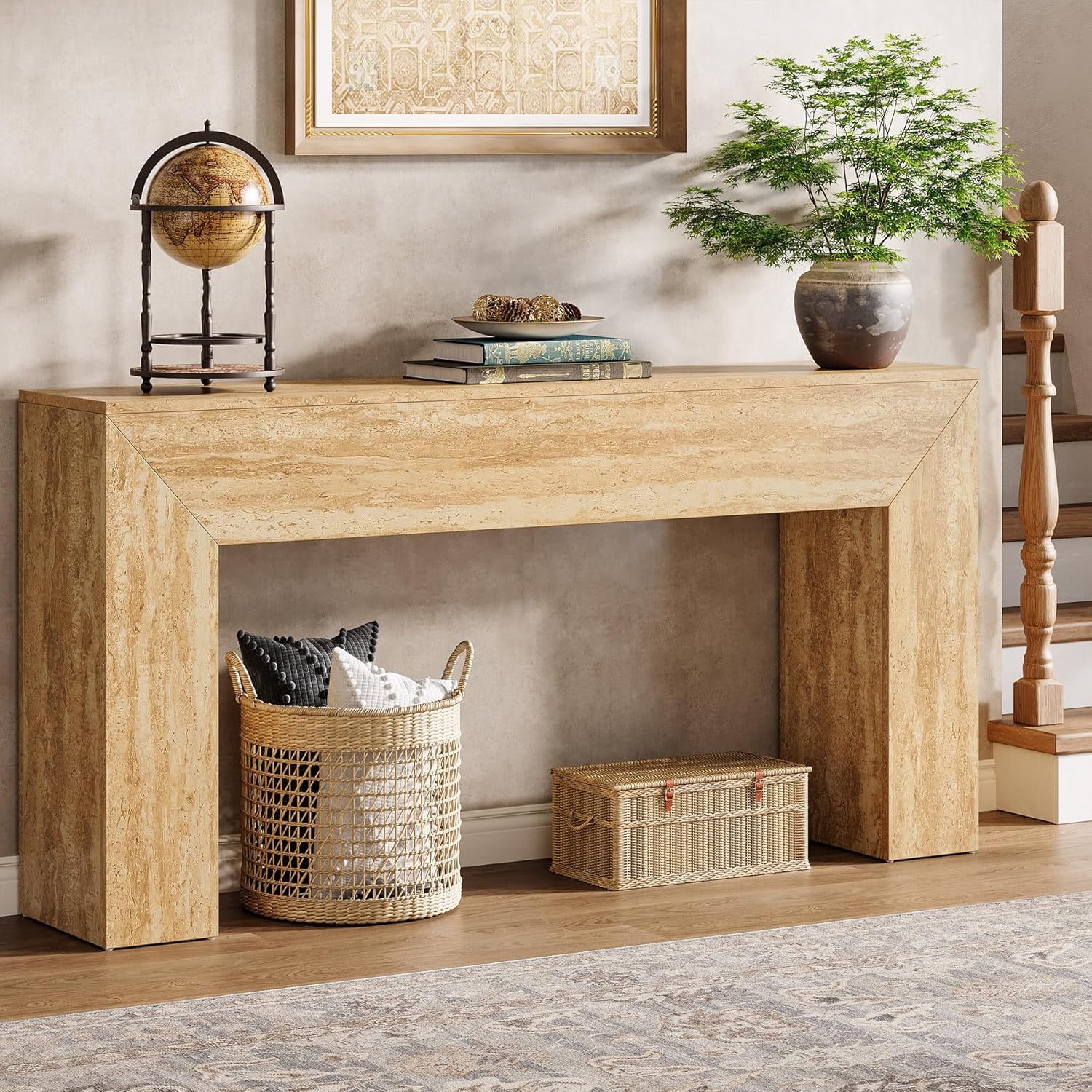 63" Console Table, Modern Entryway Table with Faux Travertine Finish