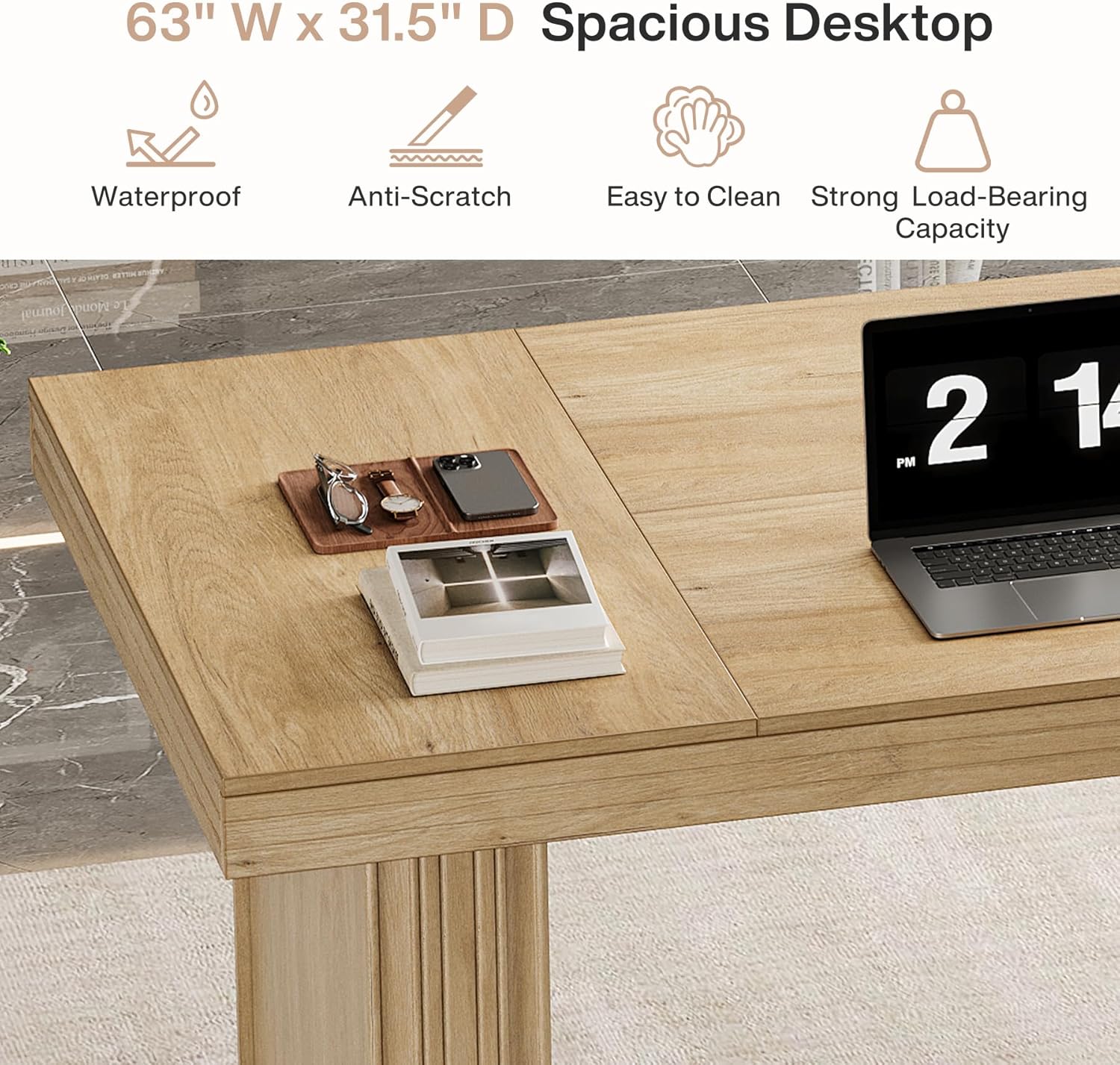 63" Executive Desk, Large Computer Desk with Heavy-Duty Legs