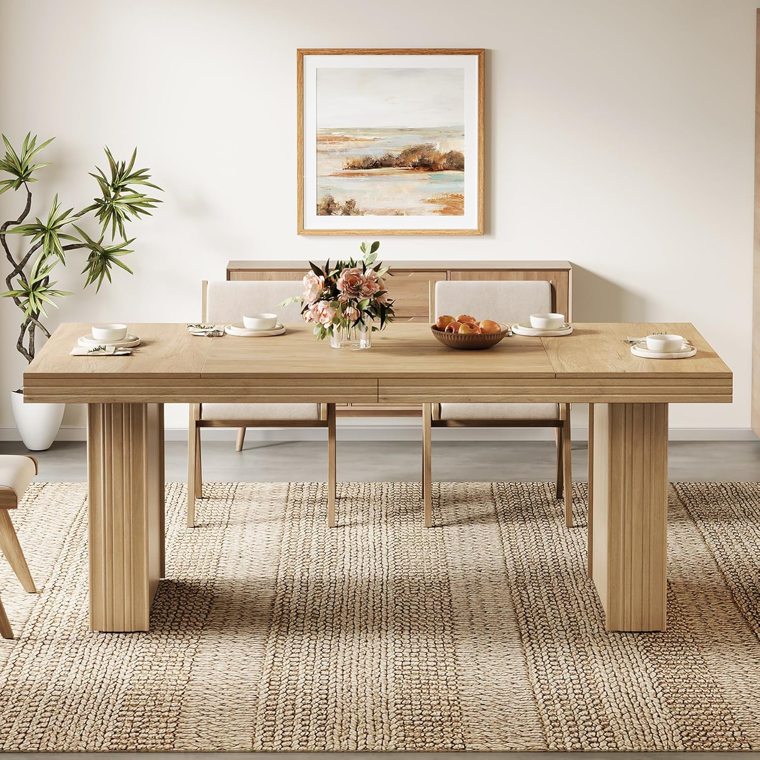 63" Dining Table for 6, Modern Kitchen Table with Fluted Line