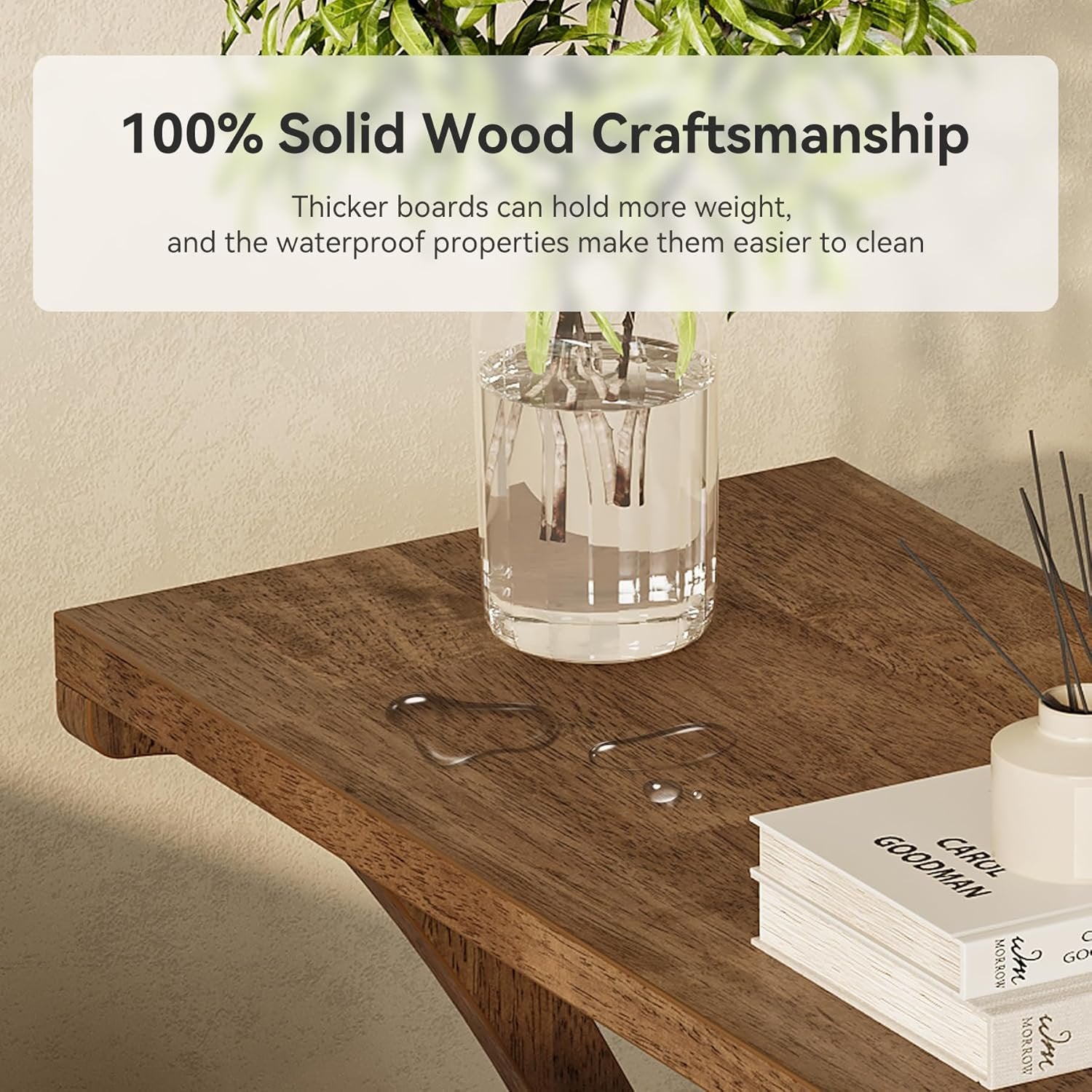 Solid Wood End Table, Narrow Side Table with 2-Tier Storage Shelf