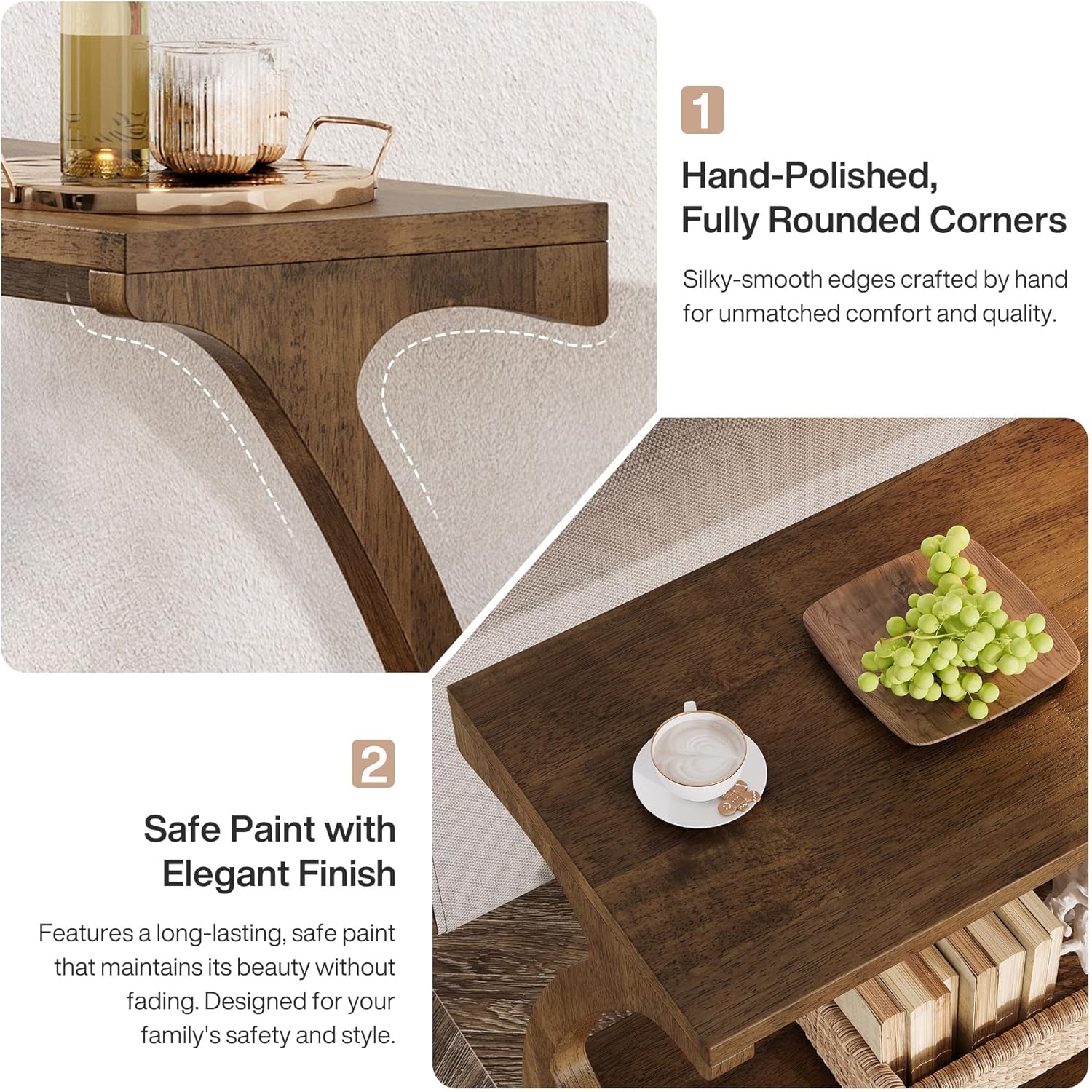 Solid Wood End Table, Narrow Side Table with 2-Tier Storage Shelf