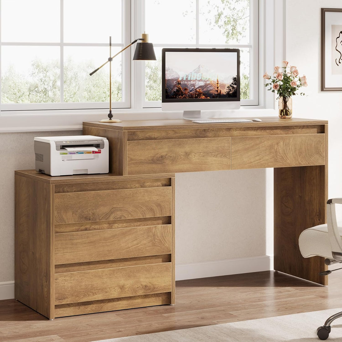 Computer Desk with 5 Drawers, Executive Desk with File Cabinet-Tribesigns
