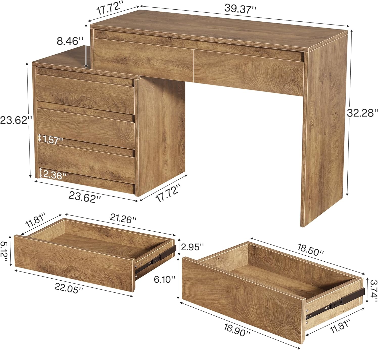 Computer Desk with 5 Drawers, Executive Home Office Desk with File Cabinet