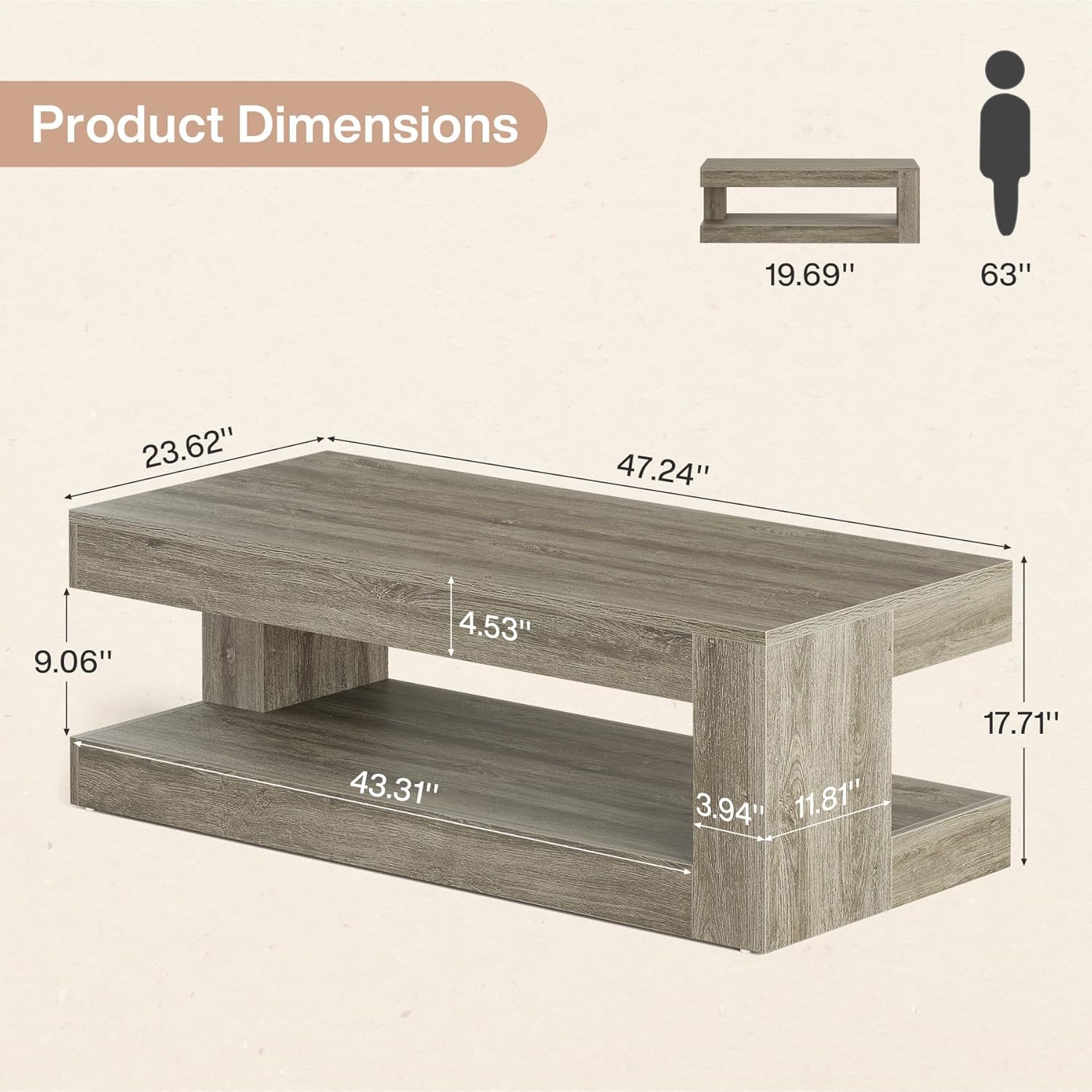47.24" Coffee Table, Farmhouse 2-Tier Tea Cocktail Table with Storage