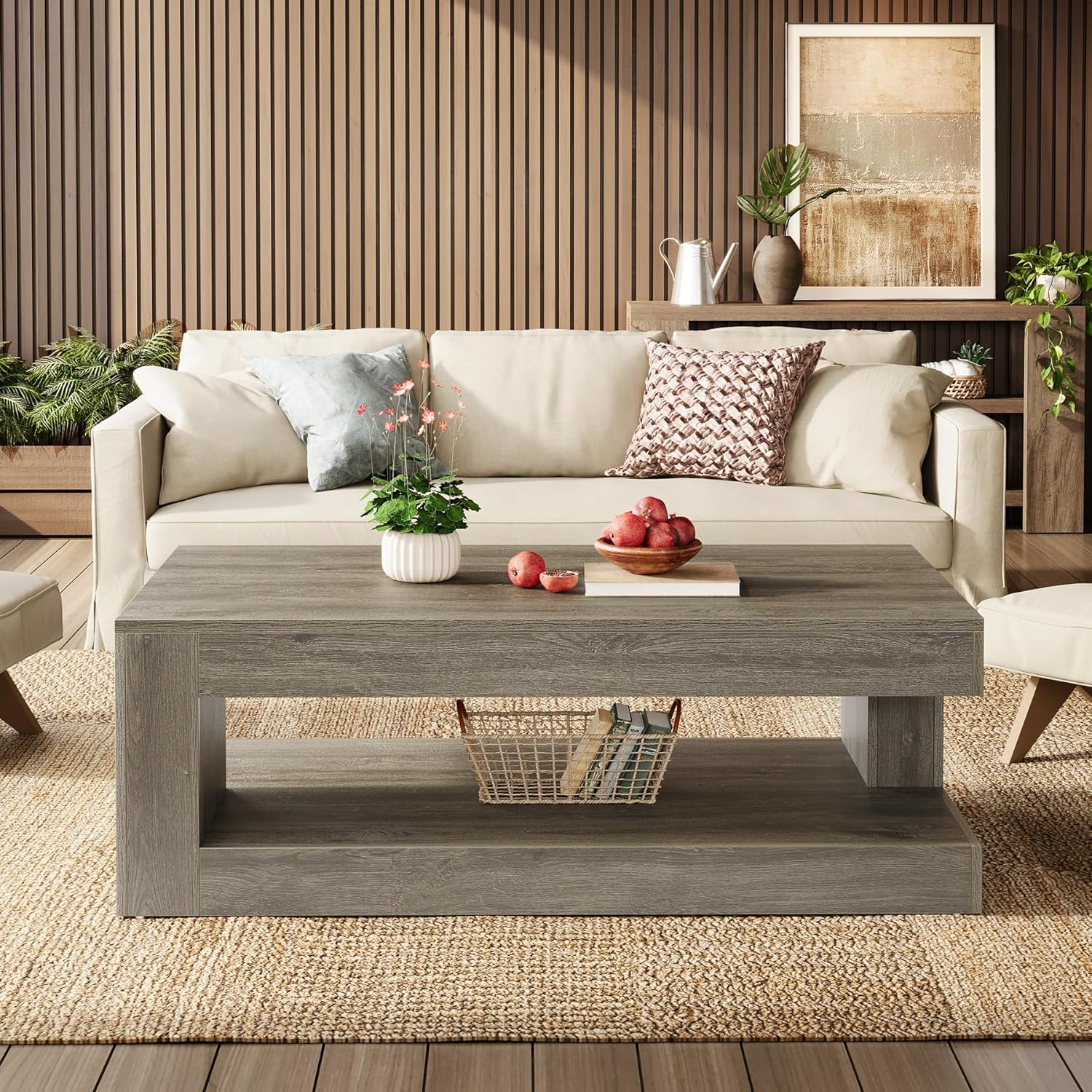 47.24" Coffee Table, Farmhouse 2-Tier Tea Cocktail Table with Storage