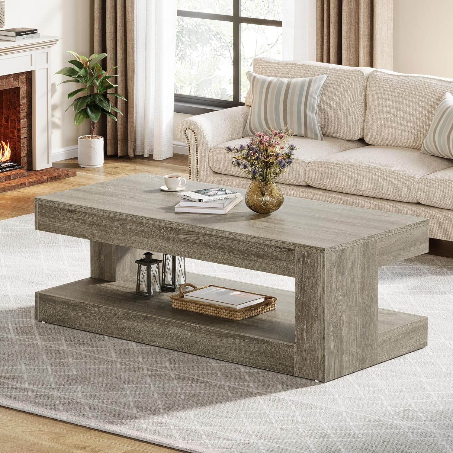 47.24" Coffee Table, Farmhouse 2-Tier Tea Cocktail Table with Storage