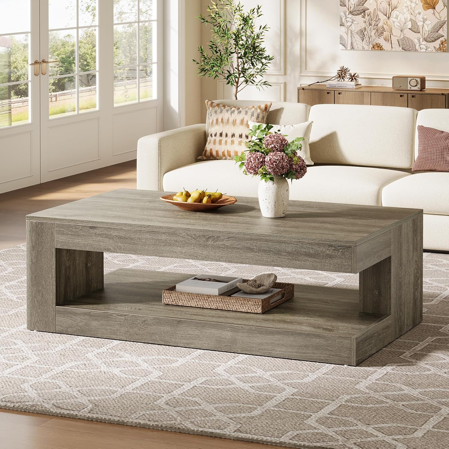 47.24" Coffee Table, Farmhouse 2-Tier Tea Cocktail Table with Storage