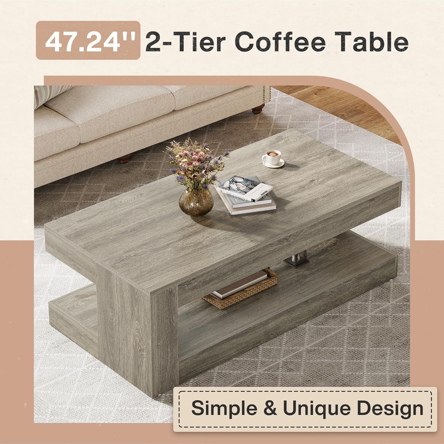 47.24" Coffee Table, Farmhouse 2-Tier Tea Cocktail Table with Storage