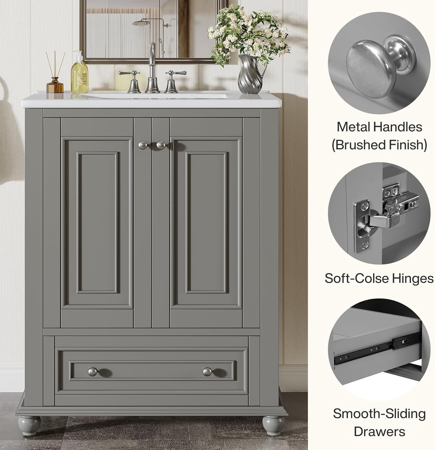 23.6" Bathroom Vanity, Freestanding Bathroom Storage Vanity Cabinet with 2 Doors