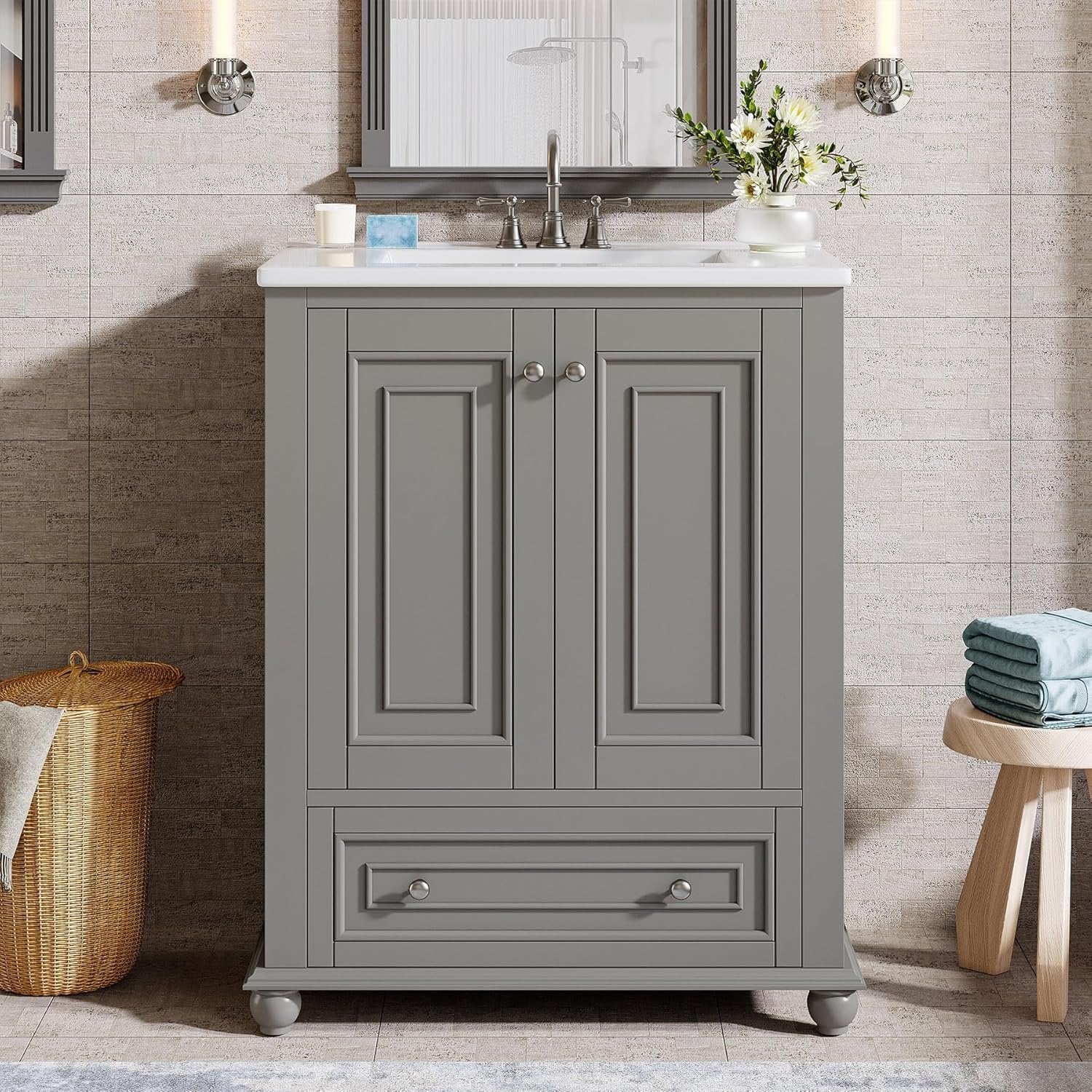 23.6" Bathroom Vanity, Freestanding Bathroom Storage Vanity Cabinet with 2 Doors