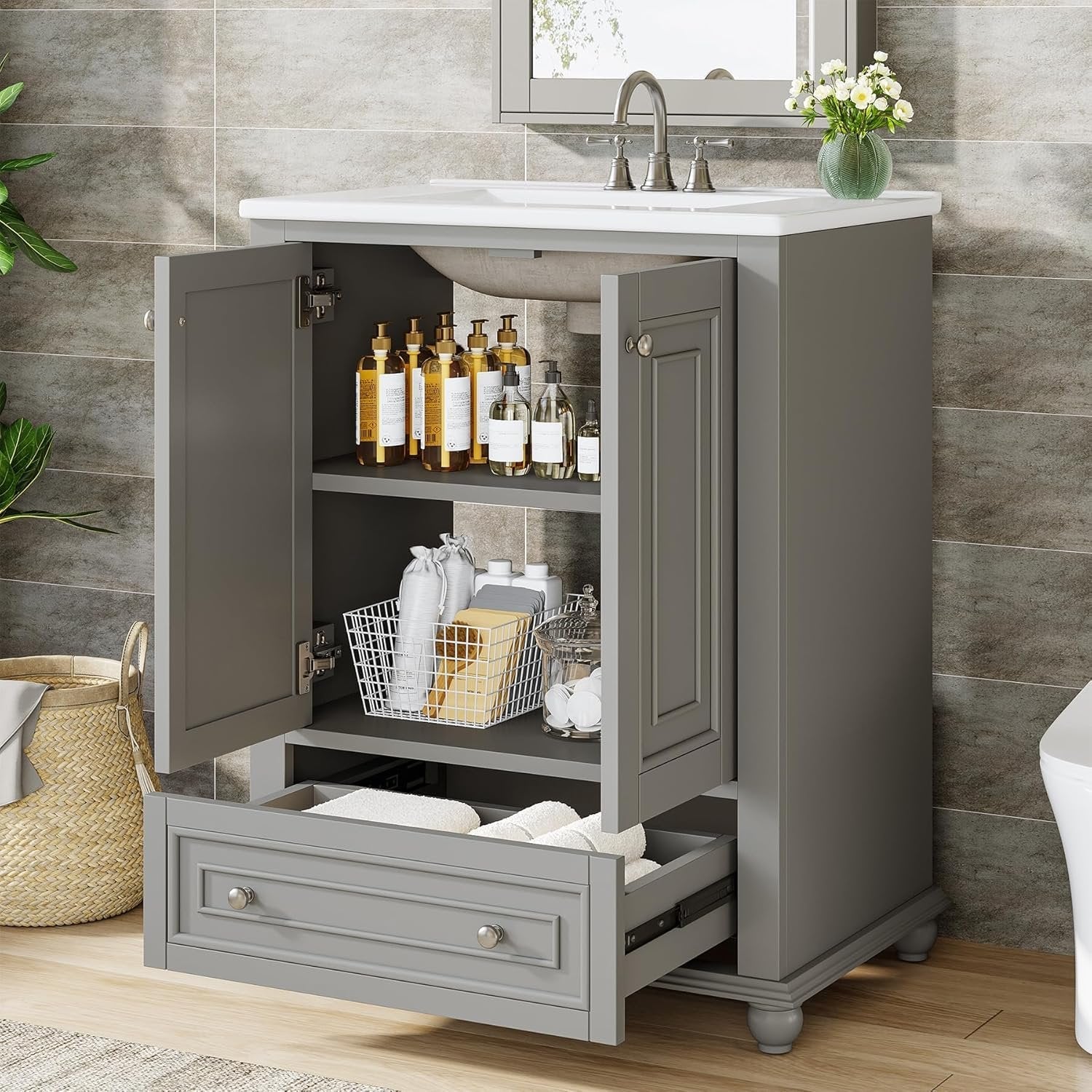 23.6" Bathroom Vanity, Freestanding Bathroom Storage Vanity Cabinet with 2 Doors